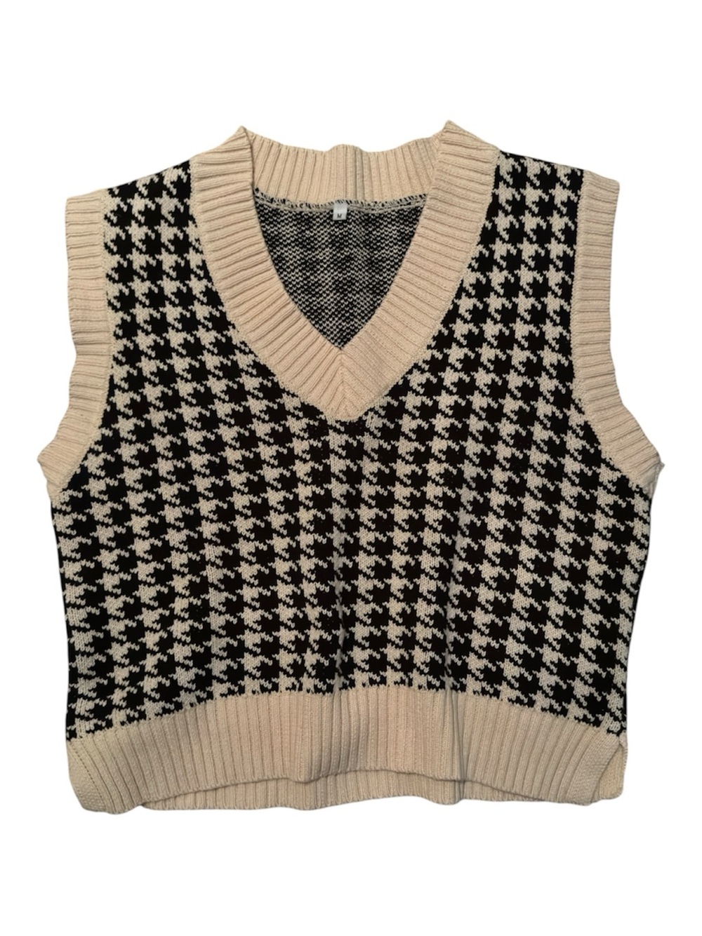 Cream & Black Houndstooth V-Neck Sweater Vest